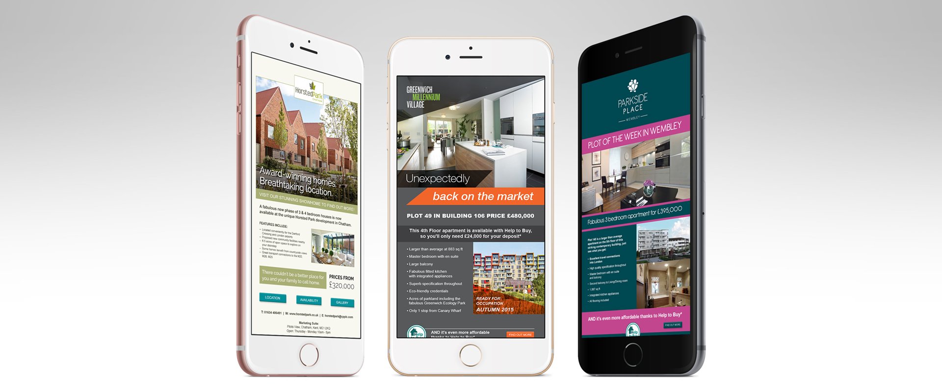 Email designs for estate agents to promote new housing developments shown on a mobile phone.